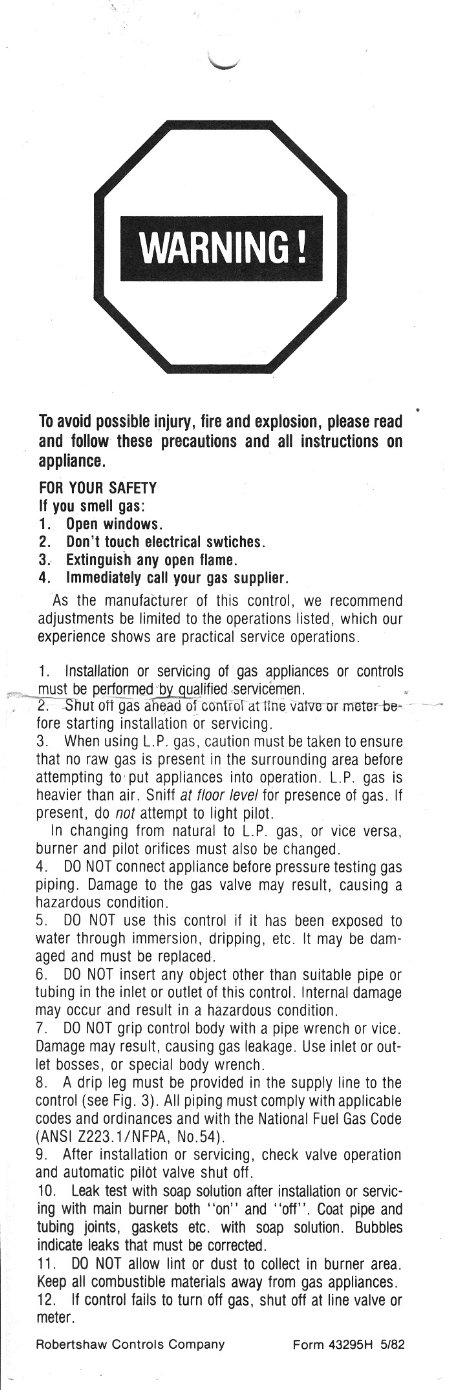 Robertshaw TS-11 Precautions